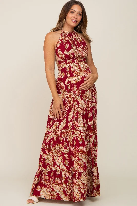 Women's High-Fashion Attire Burgundy Palm Open Back Halter Tiered Maternity Maxi Dress