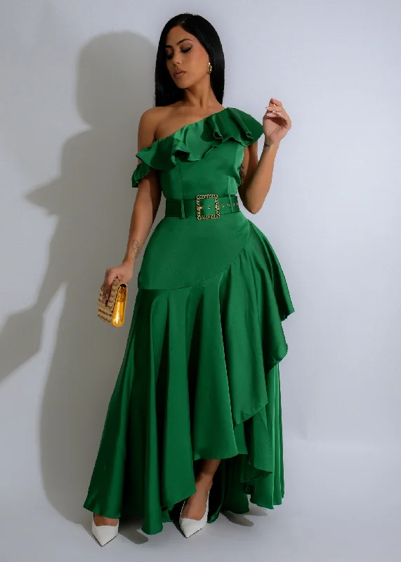 Affordable Luxury Women's Apparel Emerald Rhapsody Satin Maxi Dress Green