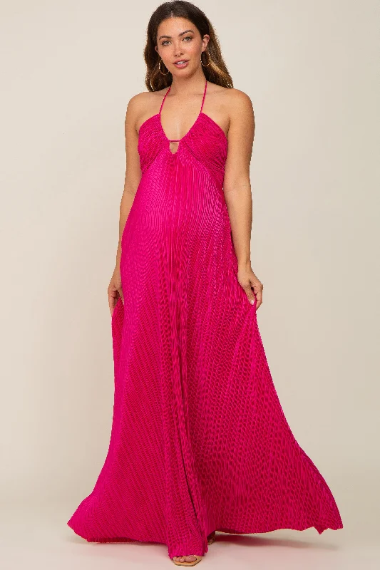 Women's Casual Attire Fuchsia Plisse Halter Back Tie Maternity Maxi Dress