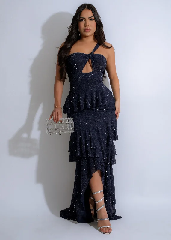 Modern Women's Attire Galaxy Allure Rhinestone Mesh Maxi Dress Blue