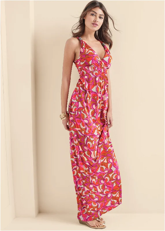 Women's Clothing And Garments Sets Geometric Print Maxi Dress - Pink Multi