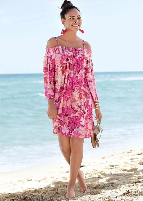 Women's Relaxed Outfit Floral Cold-Shoulder Dress - Pink Multi