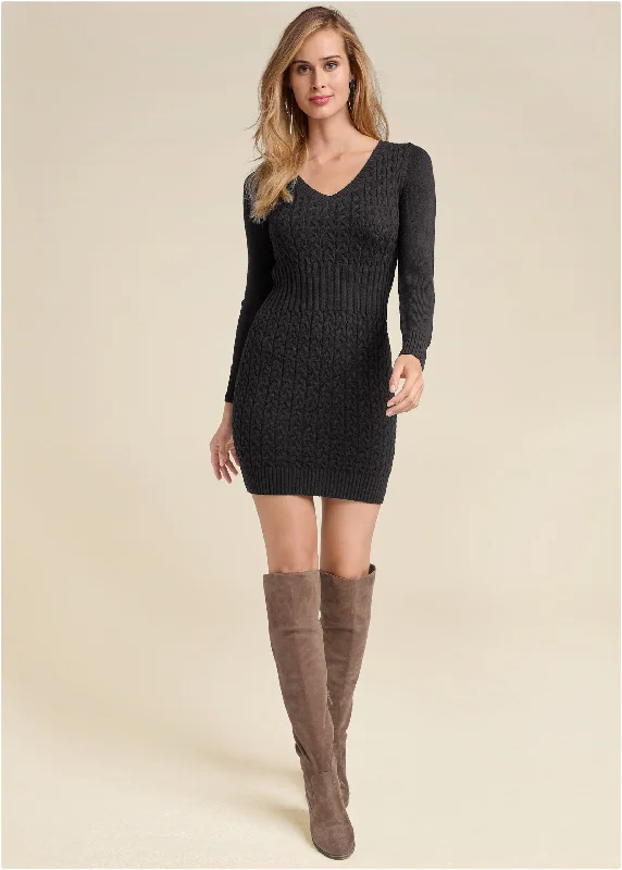 Women's Clothing For Everyday Wear Cable Knit Sweater Dress - Black