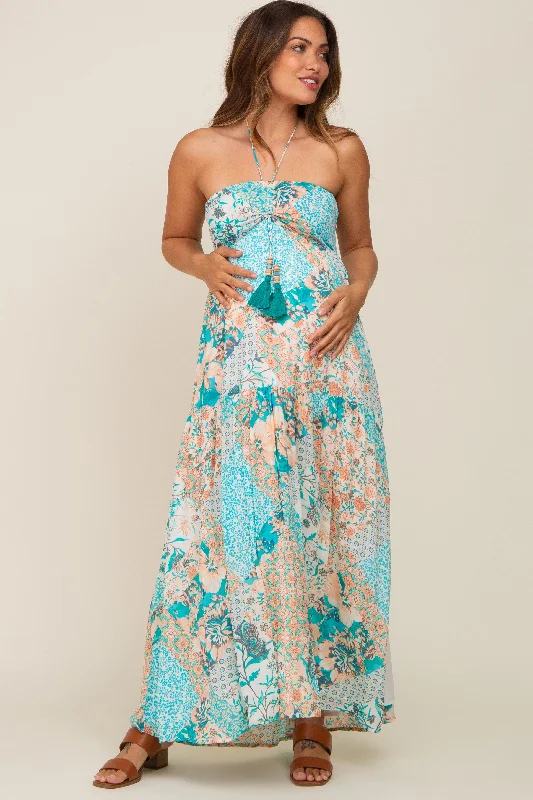 Women's Chic Outfit Jade Floral Halter Front Tie Maternity Maxi Dress