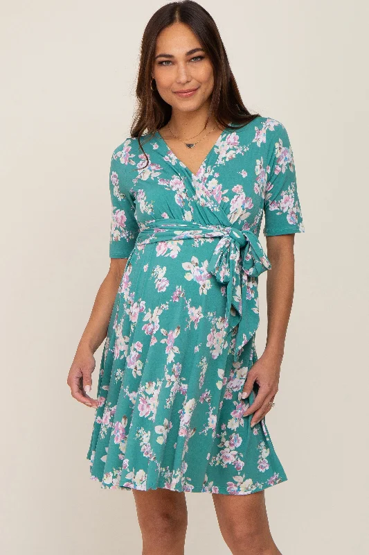 Women's Apparel And Garments Jade Floral Wrap Front V-Neck Short Sleeve Maternity Dress