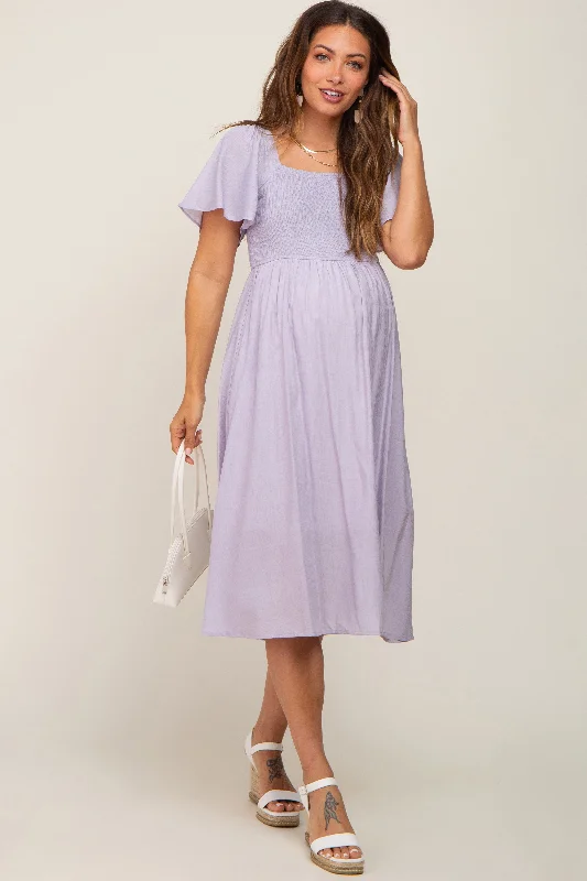 Stylish Women's Apparel Lavender Smocked Square Neck Flutter Short Sleeve Maternity Midi Dress