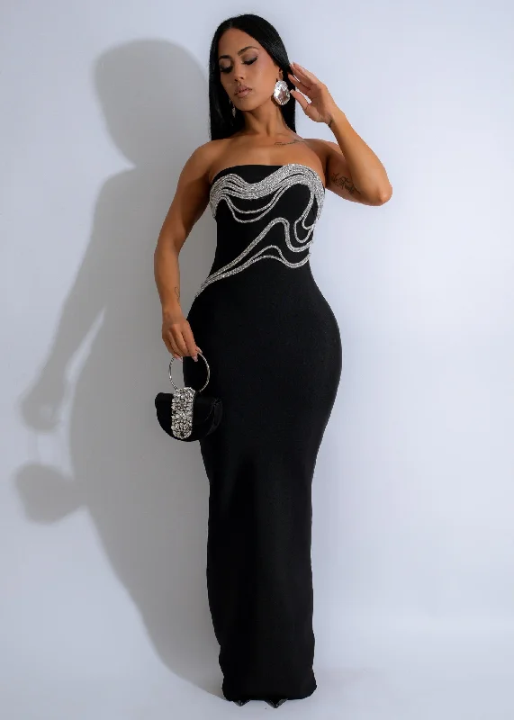 Elegant Women's Evening Garments Luminous Waves Rhinestone Maxi Dress Black