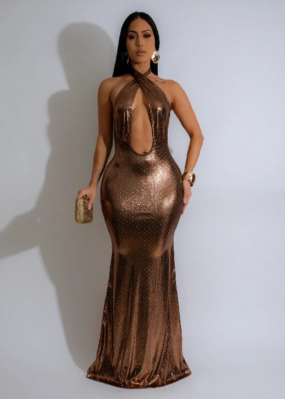 Formal Clothing For Women Lustrous Eclipse Rhinestones Metallic Maxi Dress Gold