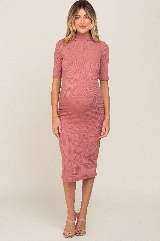 Charming Women's Clothes For Special Events Mauve Ribbed Mock Neck Maternity Midi Dress