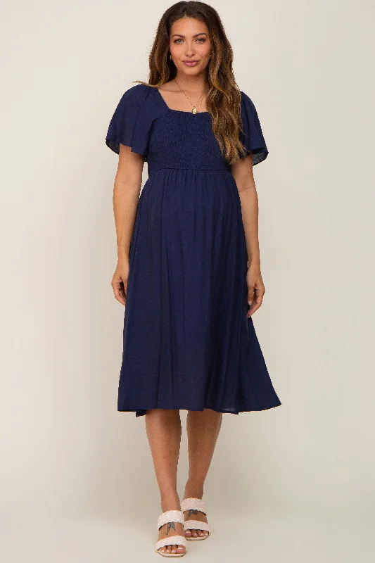 Women's Contemporary Apparel Navy Blue Smocked Square Neck Flutter Short Sleeve Maternity Midi Dress