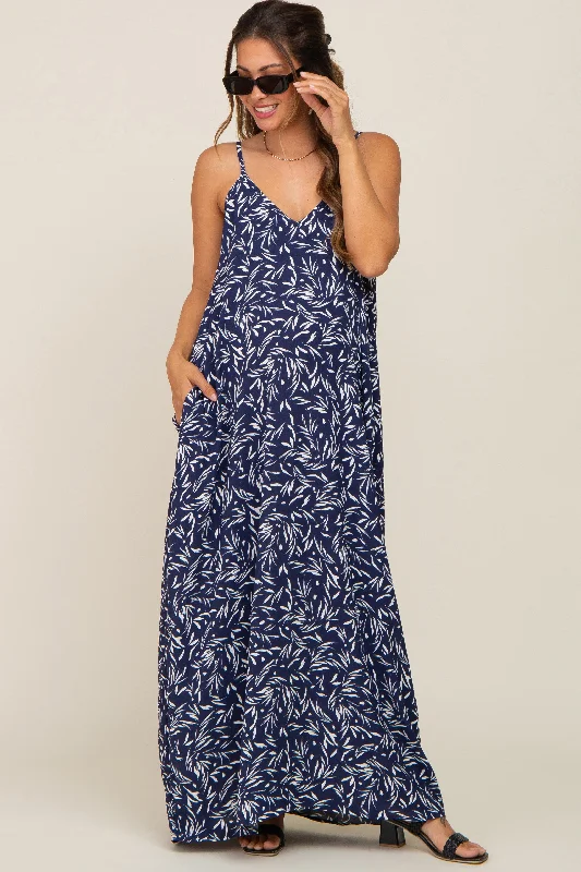 Women's Romantic Outfit Navy Leaf Print Double V-Neck Maternity Maxi Dress