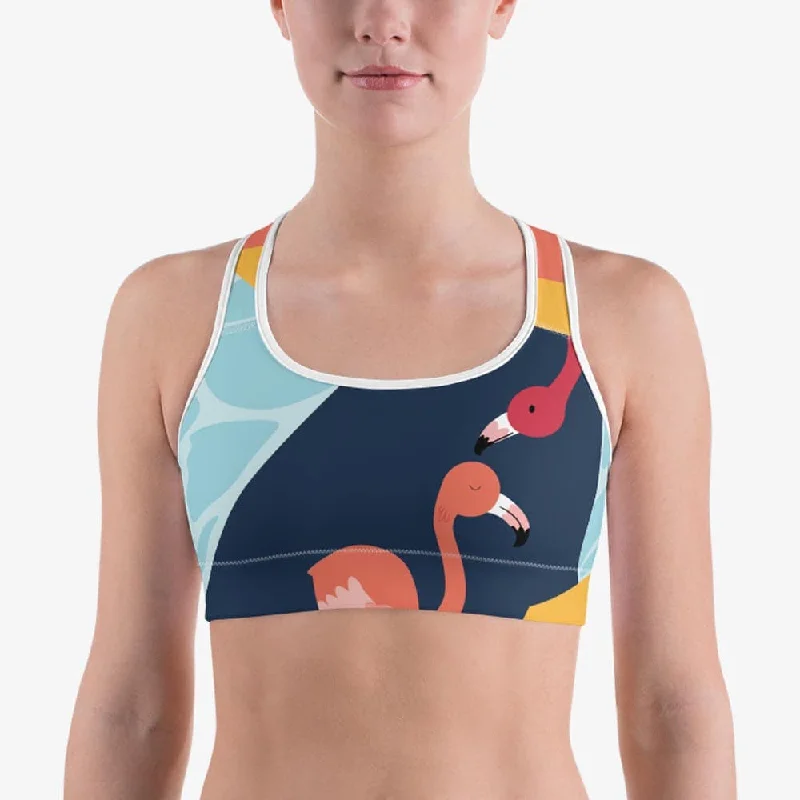 Women's Clothing For Travel Patterned Sports Bra "Flamingo" Blue/Yellow