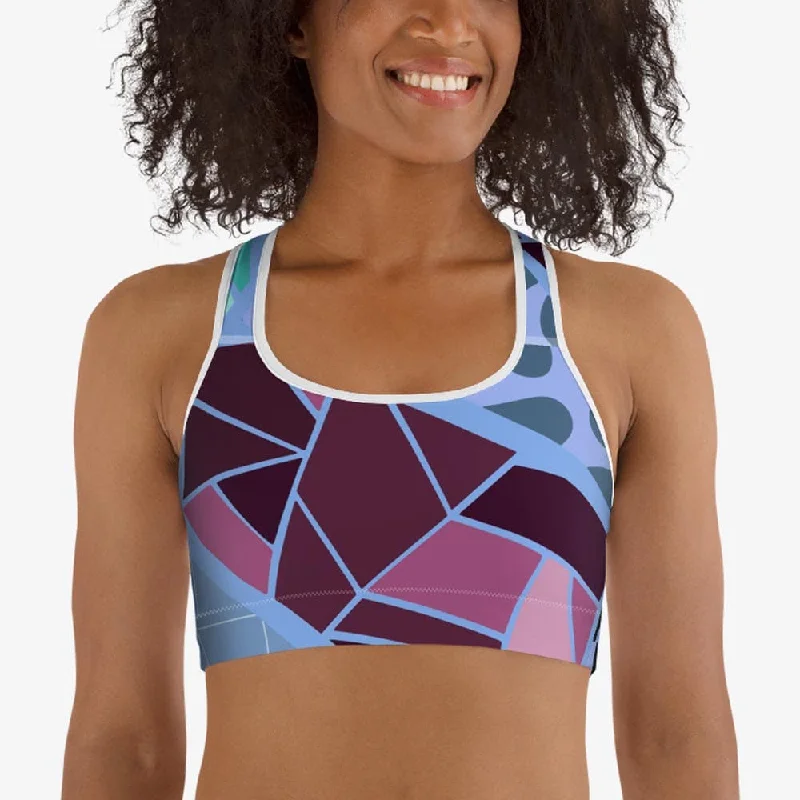 Women's Workout Clothing Patterned Sports Bra "Mosaic" Blue/Plum