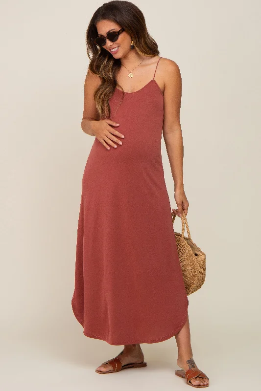 Comfortable Garments For Women Rust Basic Maternity Midi Dress