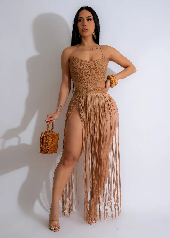 Women's Trendy Clothes Sexy Summer Fringe Maxi Dress Brown