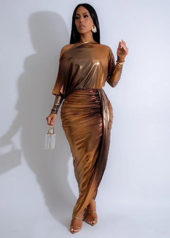 Women's Evening Apparel Solaris Drape Ruched Metallic Maxi Dress Gold