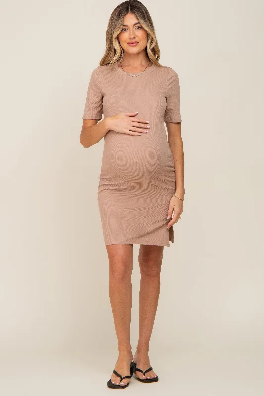 Women's Comfy Attire For Lounging Taupe Ribbed Basic Short Sleeve Maternity Dress