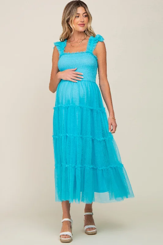 Women's Elegant Formal Outfit Turquoise Smocked Mesh Ruffle Accent Maternity Midi Dress