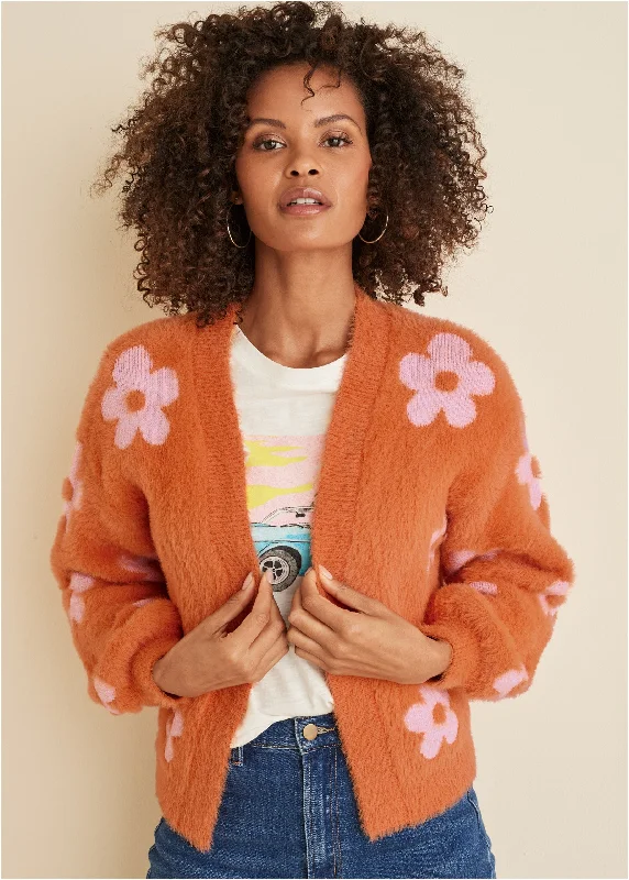 Women's Travel Garments Daisy Eyelash Cardigan - Neon Orange