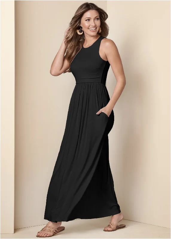 Women's Vintage-Inspired Clothing Maxi Dress With Pockets - Black