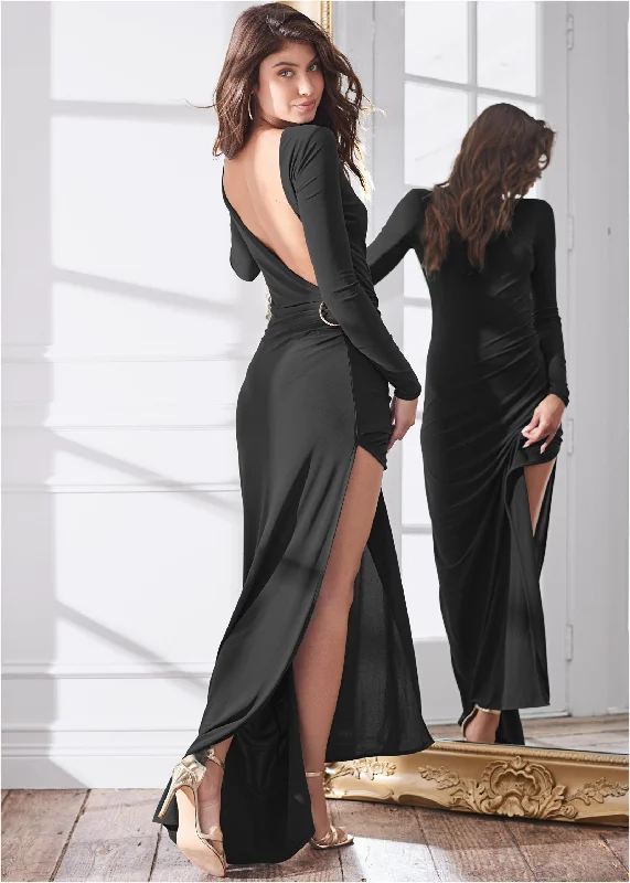 Women's Professional Apparel Plunging Back Long Dress - Black