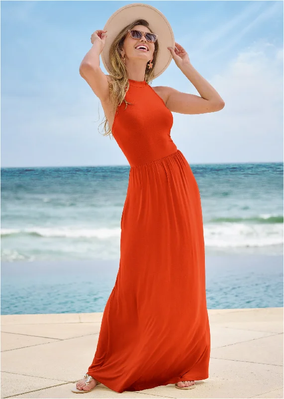 Women's Seasonal Apparel High Neck Maxi Dress - Tangerine Tango