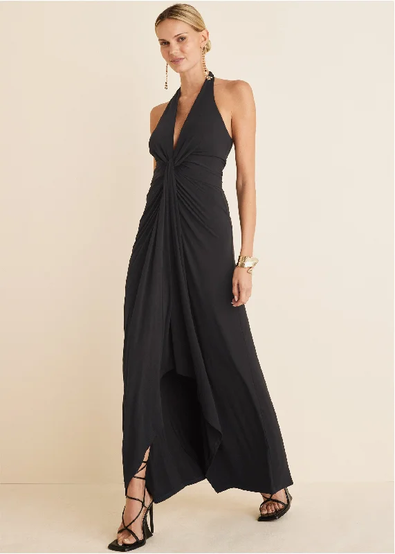 Women's Apparel And Garments Plunging Knot Maxi Dress - Black