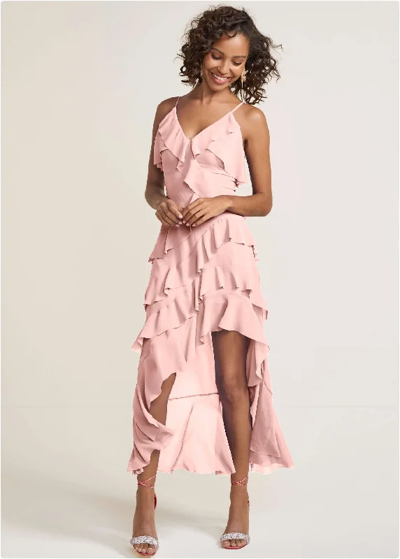 Women's Versatile Apparel High-Low Ruffle Maxi Dress - Pink