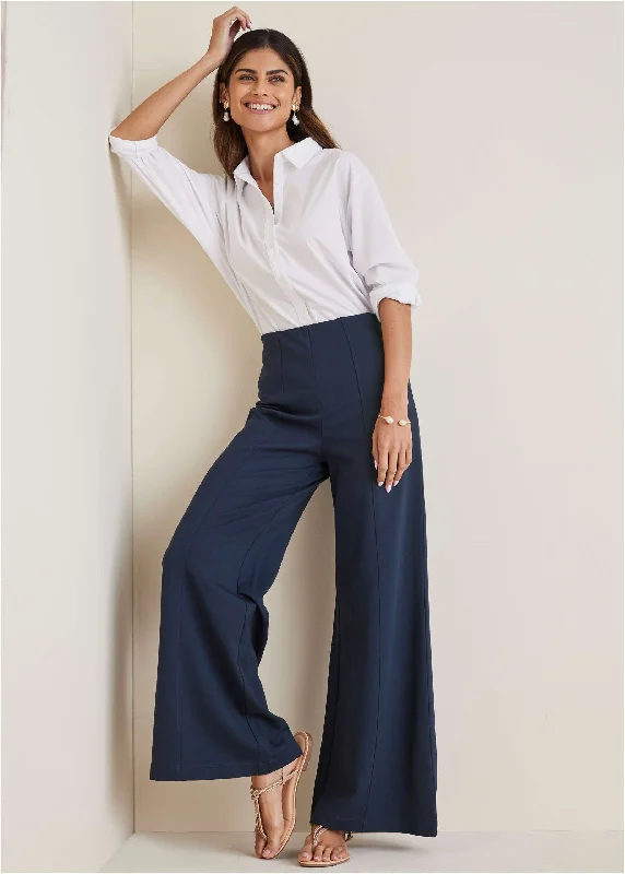 Casual Chic Women's Clothes Smoothing Ponte Wide-Leg Pants - Navy